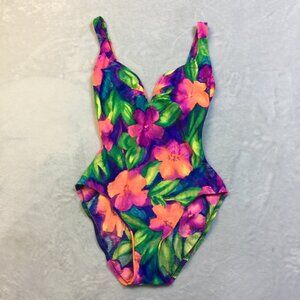 Vintage 80s 90s Sessa One Piece Swimsuit Size 12 Womans Bright Floral High Cut
